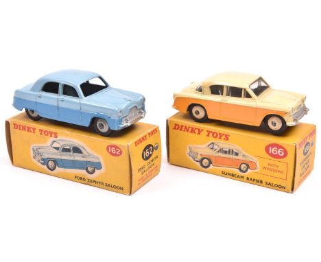 2 Dinky Toys. A Ford Zephyr Saloon (162) in two tone blue with light grey wheels. Plus a Sunbeam Rapier (166) in cream and ye