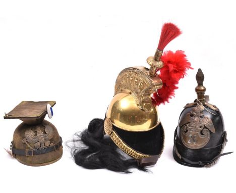 3 items of re-enactment headdress: impressive French cuirassier helmet with plumes, VGC, Russian Crimea period leather helmet