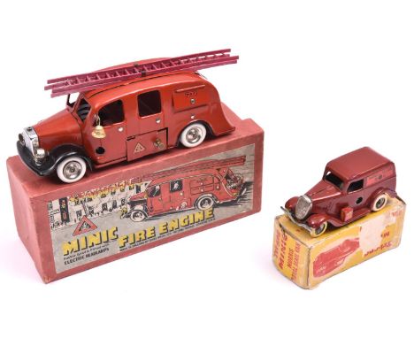 2x Tri-ang Minic vehicles. A Fire Engine (62M). With electric headlamps, 2-part plastic ladder on roof and bell to side. In e