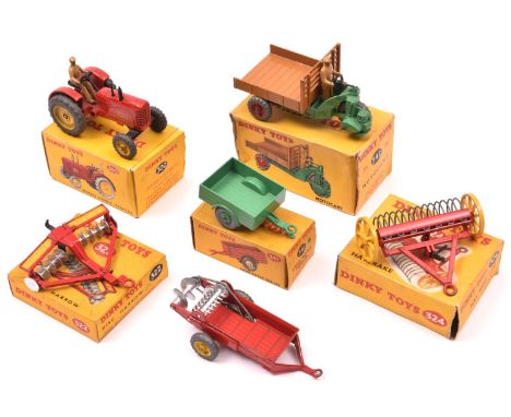 6 Dinky Toys farm related items. A Massey-Harris Tractor (300), an example in red with yellow centred metal wheels, with driv