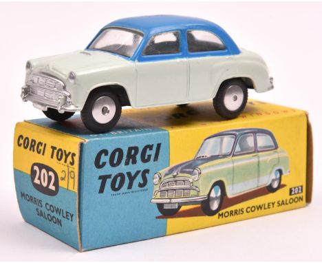 Corgi Toys Morris Cowley Saloon (202). In pale blue with mid blue roof and upper sides, smooth spun wheels and black tyres. B