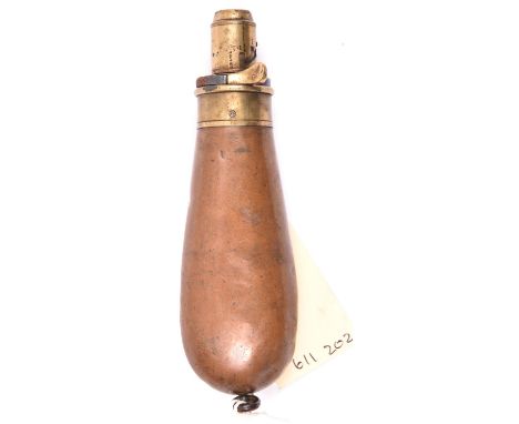 A slender copper bag shaped pistol size powder flask,  common brass top by G &amp; J W Hawksley, large graduated nozzle, ¾ to