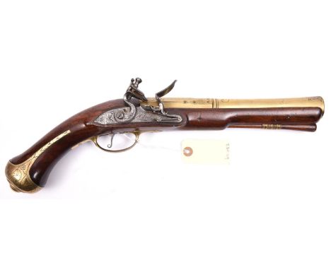 An interesting brass barrelled flintlock blunderbuss pistol, apparently assembled in the late 18th or early 19th century from