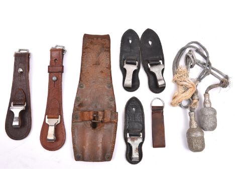 5 various vertical leather hangers with spring clips for Third Reich daggers and swords, GC, a leather belt loop and ring; 2 
