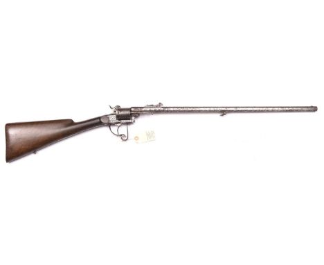 A French Lefaucheux 6 shot 11mm open frame pin fire revolving rifle,  41” overall, octagonal barrel 25” with added British mi