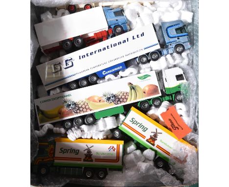 5 Modern Tekno etc Trucks. A Scania 144L forward control 3 axle box van with a 3 axle drawbar box van trailer, in green/white