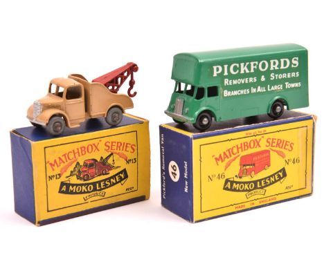 2 Matchbox Series. No.46 Pickfords Removal Van. An example in green with white roller shutter and black plastic wheels. Plus 