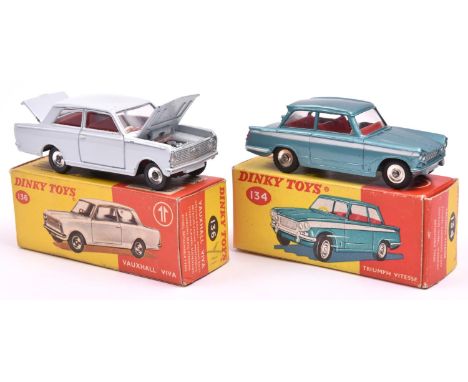 2 Dinky Toys. Triumph Vitesse (134) in metallic green with red interior. Plus a Vauxhall Viva (136) in pale grey with red int