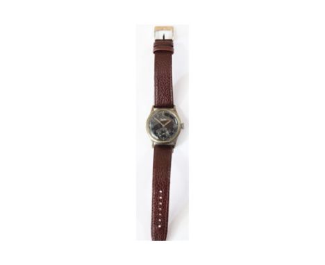 D marked Zentra wristwatch. Serial D601538. All plating removed from case, 33mm without crown. Fixed bars.  Screw caseback, m