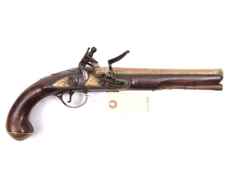 A 20 bore brass barrelled flintlock holster pistol, by I. Parr (probably John Parr of Liverpool), c 1770,  13½” overall, barr