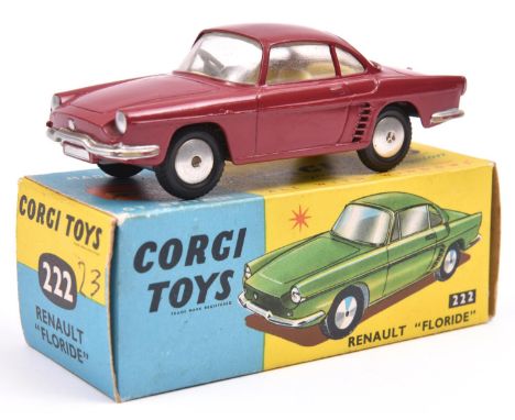 Corgi Toys Renault Floride (222). An example in maroon with yellow interior, smooth wheels with black tyres. Boxed, minor wea
