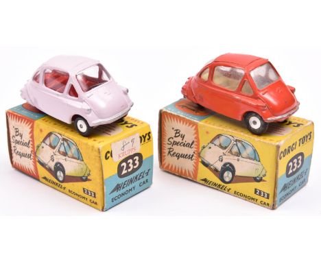 2 Corgi Heinkel Trojan (233). An example in red with yellow interior and smooth wheels and another in lilac with red interior