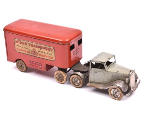 Tri-ang Minic tinplate clockwork articulated Pantechnicon. A scarce 1930's example with normal control tractor unit in light 
