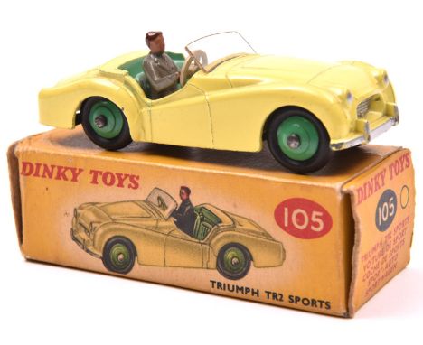 Dinky Toys Triumph TR2 Sports (105). A scarce example in lemon yellow with light green interior and bright green wheels with 