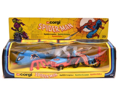Corgi Spider-Man set 31. Comprising Spidercopter, Spiderbuggy and Spiderbike. In a window box, minor warping to box/window. C
