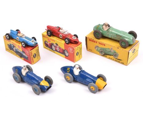 5 Dinky Toys Racing Cars. Cooper Racing Car (240) in light blue, RN20. Ferrari Racing Car (242) in red, RN36. H.W.M. (23J) in