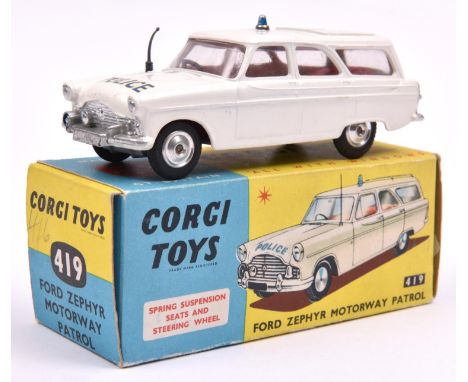 Corgi Toys Ford Zephyr Motorway Patrol. In white with small roof light, red interior, POLICE to bonnet and bootlid, dished sp