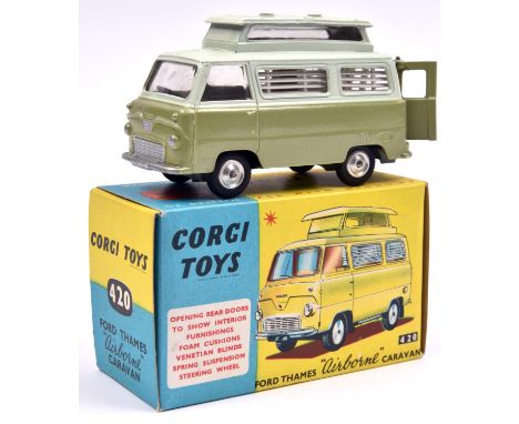 Corgi Toys Ford Thames Airborne Caravan (420). Pale green top with light metallic green lower, with light brown interior, dis