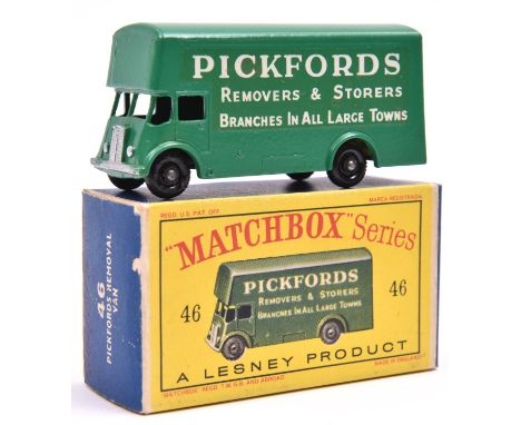 Matchbox Series No.46 Pickfords Removal Van. An example in green with white roller shutter and black plastic wheels. Boxed, v