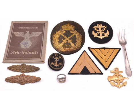 Third Reich Naval insignia:  gilt metal arm badges for Aircraft Spotter and Ordnance Artificer petty officer; 2 and 3 gold ra