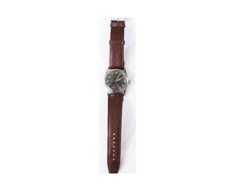 DH marked Hado wristwatch. Serial D321405H. Bright plated case, refinished, 33mm without crown. Fixed bars. Screw caseback, m