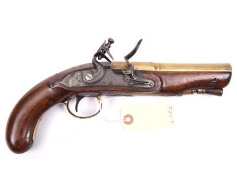 A 16 bore brass barrelled flintlock pistol by Wilkinson of Bristol, c 1820,  11½” overall, heavy half octagonal barrel 6” wit
