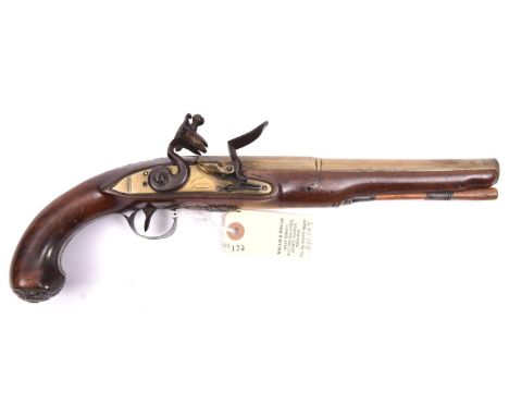 A silver mounted 22 bore brass barrelled flintlock holster pistol, by Grice, London, c1791,  14½” overall, half octagonal bar