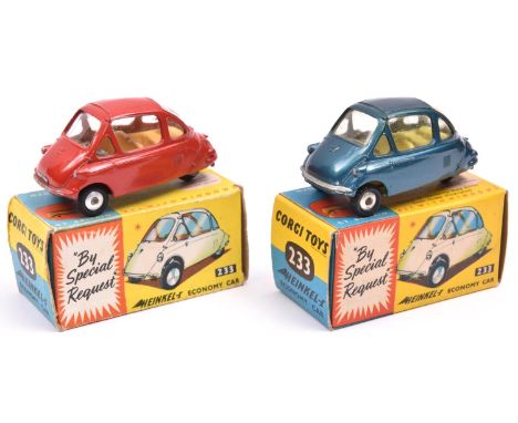 2 Corgi Heinkel Trojan (233). An example in red with yellow interior and smooth wheels and another in metallic blue with yell