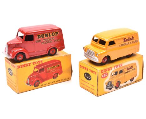 2 Dinky Toys Vans. Trojan 15CWT Van 'DUNLOP' (451). In bright red with red wheels and black tyres. Plus a Bedford 10CWT Van '