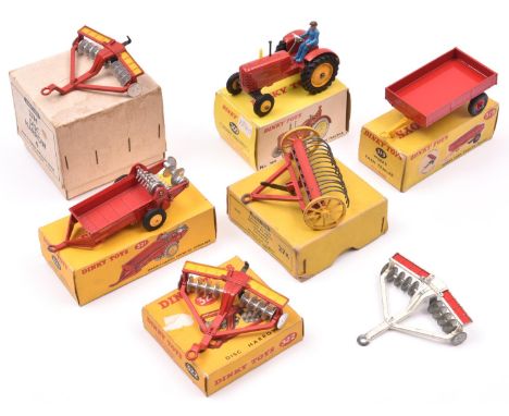 7 Dinky Toys farm related items. A Trade Pack of 4 Disc Harrow 27H, containing 4 examples, one internal divider missing. Plus