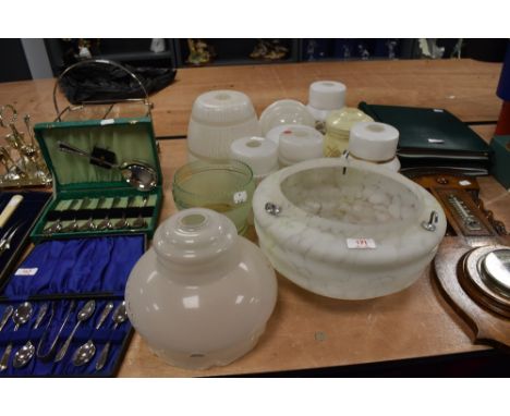 A good collection of art deco and later glass light and lamp shades including fly catcher