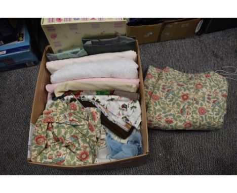 A mixed box of vintage and retro textiles including curtains and table linen.