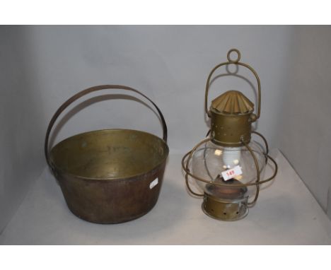 A converted Victorian storm lantern having copper case with blown glass and a jam pan
