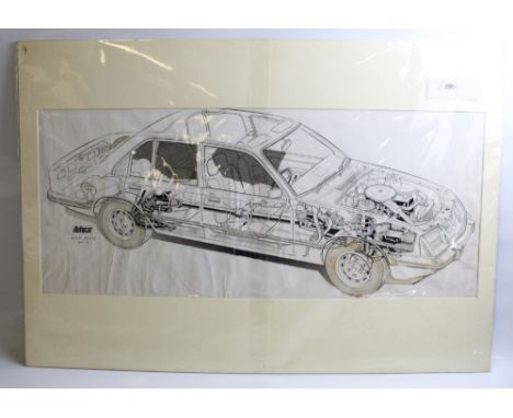 Original pen and ink cutaway drawing of Vauxhall Cavalier for an issue of The Autocar Magazine, by Dick Ellis. Frame size 82c