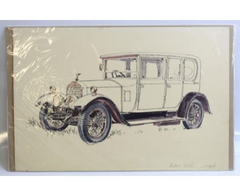 Pen and ink drawing drawing of a Rolls Royce 'Twenty' by Alan Crisp (unsigned) 38cm x 26cm. Pen and watercolour painting of a