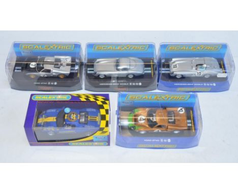 Five Scalextric 1/32 scale racing slot car models to include C2816 Ford GT Scalextric Club 2007, C3026 Ford GT40 MKII 1966 No