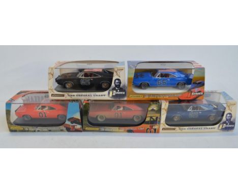 Five 1/32 scale Dodge Charger slot car models from Pioneer to include Dukes Of Hazzard P016 General Lee (with key fob) and P0