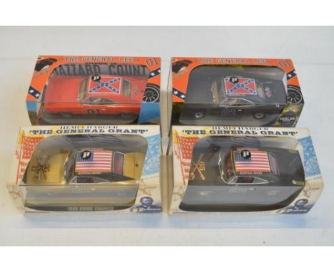 Four 1/32 scale Dodge Charger slot car models from Pioneer to include Dukes Of Hazzard P016 General Lee (with key fob), P015 