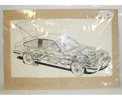 Original cutaway ink drawing of an early production Vauxhall Hatchback for Autocar magazine. Unknown artist. Card frame 82cmx