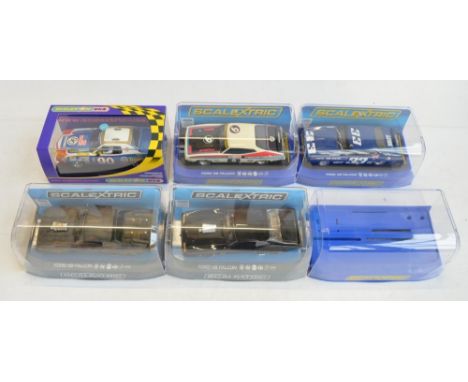 Five 1/32 scale racing slot car models from Scalextric to include Mad Max C3983 Ford XB Falcon (weathered, rear case sticker 