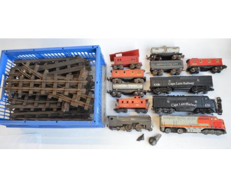 Collection of O gauge electric locos, passenger wagons and rolling stock to include tin plate Marx Santa Fe and Lionel black 