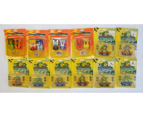 Twelve Micro Scalextric racing slot car models to include 4x 1/64 scale Micro Mania and 8x Teenage Mutant Ninja Turtles (no s