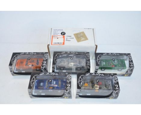 Five 1/32 scale X-Ray racing slot car models from Pioneer to include P020 Clear Chevy Camaro (with outer shipping box) and 4x