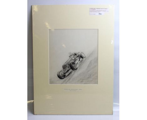 Pencil on paper sketch by George Lane (Active 1930s to 1960s.) Titled ERA AT SPEED. Frame 41cmx56cm 