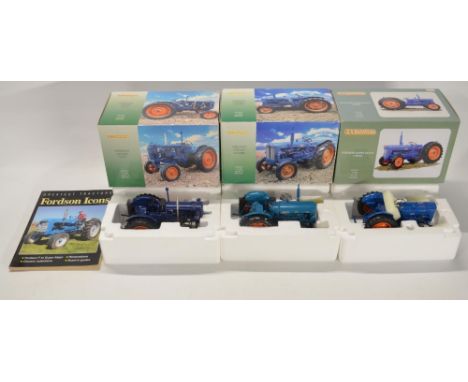 Three boxed Universal Hobbies 1/16 scale diecast Fordson tractor models to include Fordson Major E27N (model near mint), Ford