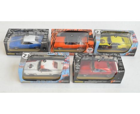 Five 1/32 scale Dodge Charger slot car racing models from Pioneer to include P005 '68 Bengal Charger R/T, P019 '69 Charger R/