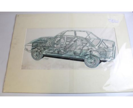 Original cutaway ink drawing of an early production VW saloon car, by Vic Berris MSIA. (some slight water damage) Card frame 