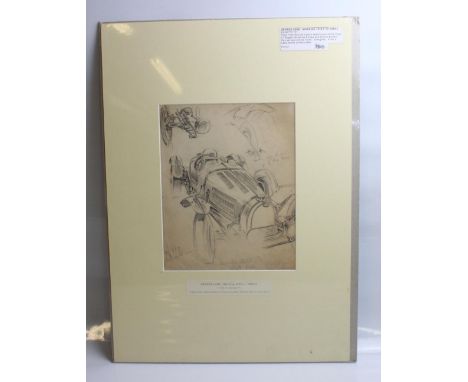 Pencil drawing taken from George Lanes sketchbook of a Type 51 Bugatti, with artists notes. Frame 40cmx56cm 