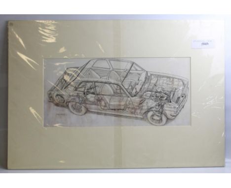 Original pen and ink cutaway drawing of a Vauxhall Viva, by John Hostler, and another by Dick Ellis. Both with slight water d