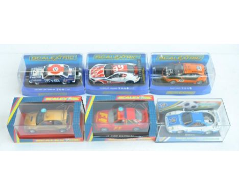 Six 1/32 scale racing slot car models from Scalextric to include C2152 Premier Edition Chelsea FC Ferrari F40 (model excellen